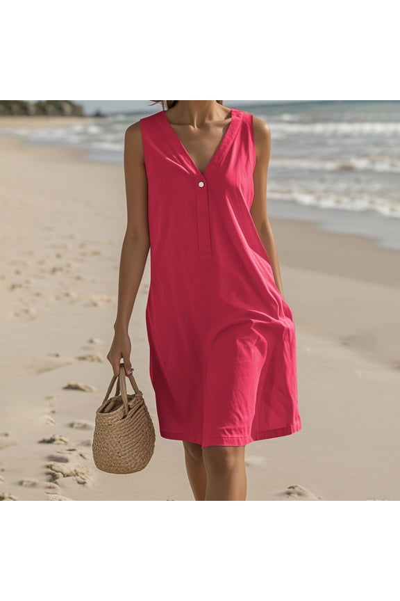 Womens V Neck Shift Dresses, Button Front, Soft Cotton Blend, Lightweight, Breathable Comfortable, Casual Summer Dresses,Watermelon Red,XL