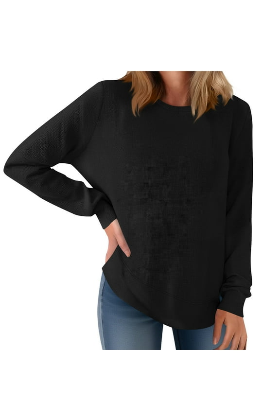 Womens Waffle Knit Long Sleeve Tops Round Neck Loose Fit Soft Textured Fabric Casual Daily Wear Comfortable Shirts Versatile Style Multi Color Options,Black,Size XL