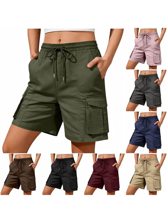 Cargo Shorts for Women Casual Baggy Fit Drawstring Pull On Summer Shorts with Side Flap Pockets,Army Green,Size L