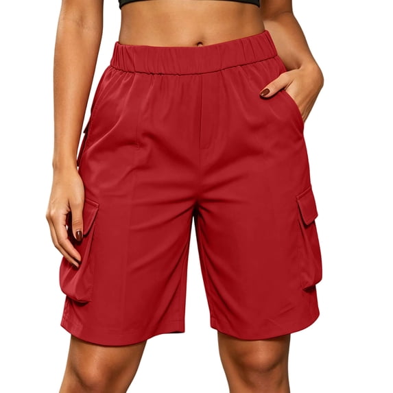 ZHYou Cargo Shorts for Women Straight Leg Stretchy High Waist Knee Length Lightweight Pull On Shorts with Multi Pockets