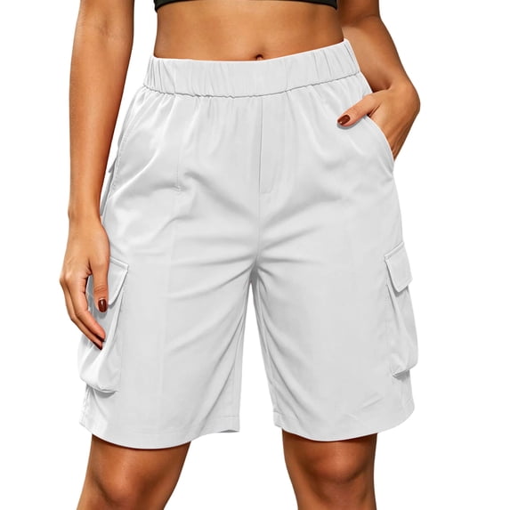 ZHYou Cargo Shorts for Women Straight Leg Stretchy High Waist Knee Length Lightweight Pull On Shorts with Multi Pockets