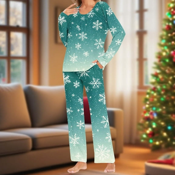 ZHYou Christmas Pajama Sets for Lady Colorful Christmas Print Women Long Sleeve Long Pajamas Sets Loungewear Sleepwear Soft Comfortable Breathable Festive Holiday Gift,Mint Green,Size 3XL