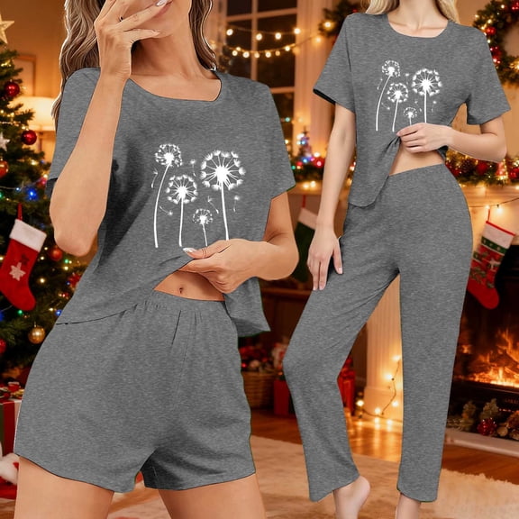 ZHYou Christmas Pajama Sets for Lady Women Loungewear Sleepwear Pajamas Sets Short Sleeve Shorts Festive Holiday Theme Colorful Christmas Print Soft Comfortable Breathable Sets,Dark Gray,Size M