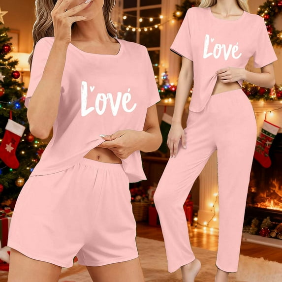 ZHYou Christmas Pajama Sets for Women Comfortable Breathable Soft Women Christmas Sleepwear Loungewear Short Sleeve Shorts Pajamas Sets Colorful Print Festive Holiday Style Sets,Pink,Size XS