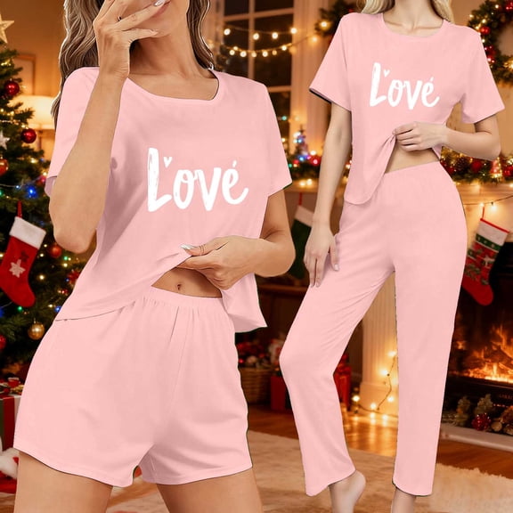 ZHYou Christmas Pajama Sets for Women Comfortable Breathable Soft Women Christmas Sleepwear Loungewear Short Sleeve Shorts Pajamas Sets Colorful Print Festive Holiday Style Sets,Pink,Size XS