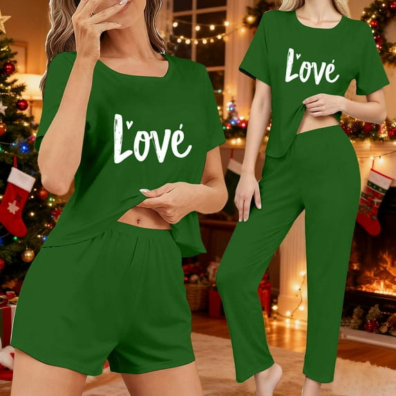 ZHYou Christmas Pajama Sets for Women Comfortable Breathable Soft Women Christmas Sleepwear Loungewear Short Sleeve Shorts Pajamas Sets Colorful Print Festive Holiday Style Sets,Green,Size L