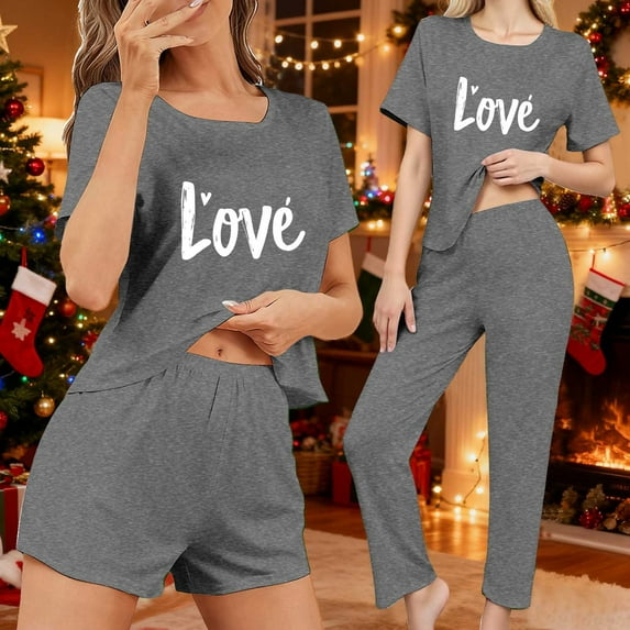ZHYou Christmas Pajama Sets for Women Comfortable Breathable Soft Women Christmas Sleepwear Loungewear Short Sleeve Shorts Pajamas Sets Colorful Print Festive Holiday Style Sets,Dark Gray,Size S