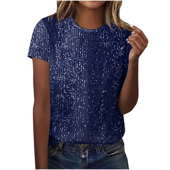 ZHYou Full Sequins Tops for Womens Casual Summer T Shirts Short Sleeves Party Pullover Tops,Dark Blue,Size M