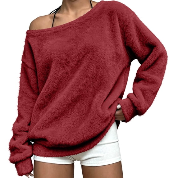 ZHYou Fuzzy Fleece Tops for Women Off Shoulder Oversized Loose Thick Warm Casual Loungewear Pullover Sweatshirts,Wine,Size XL