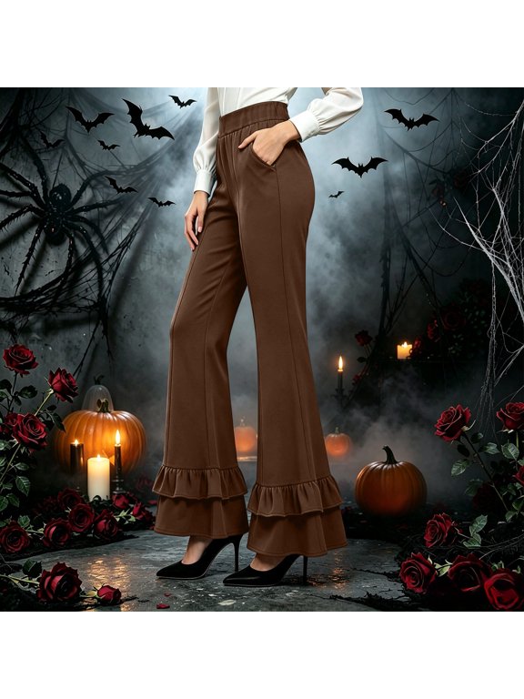 Halloween Flare Pants for Women Elastic Waist Double Layer Ruffled Bootcut High Stretchy Casual Bell‑Bottom Trousers