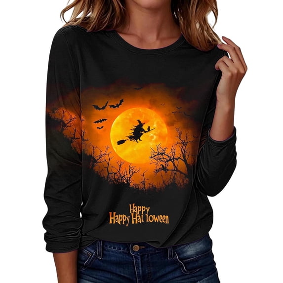ZHYou Halloween Printed Tops for Women Casual Long Sleeves Crewneck Loose Fit Pullover Cute Shirts,Multicolor,Size XL
