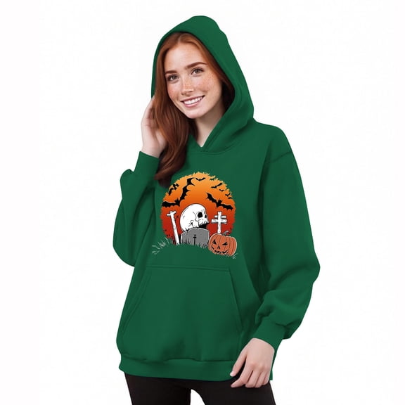 ZHYou Halloween Sweatshirts For Women Stylish Pumpkin Skull Printed Long Sleeve Drawstring Hoodie Sweatshirt Fall Winter