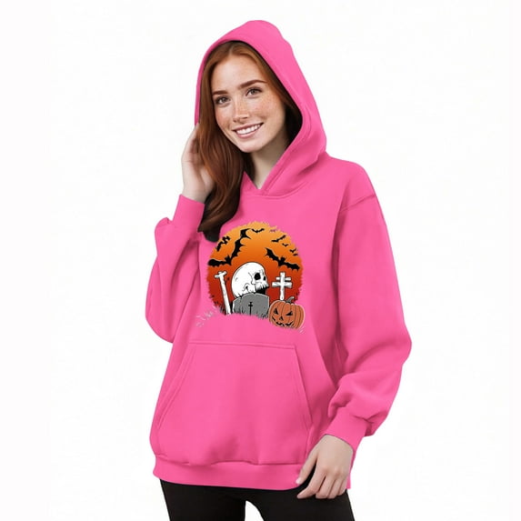 ZHYou Halloween Sweatshirts For Women Stylish Pumpkin Skull Printed Long Sleeve Drawstring Hoodie Sweatshirt Fall Winter
