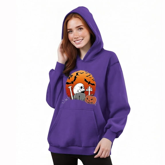 ZHYou Halloween Sweatshirts For Women Stylish Pumpkin Skull Printed Long Sleeve Drawstring Hoodie Sweatshirt Fall Winter