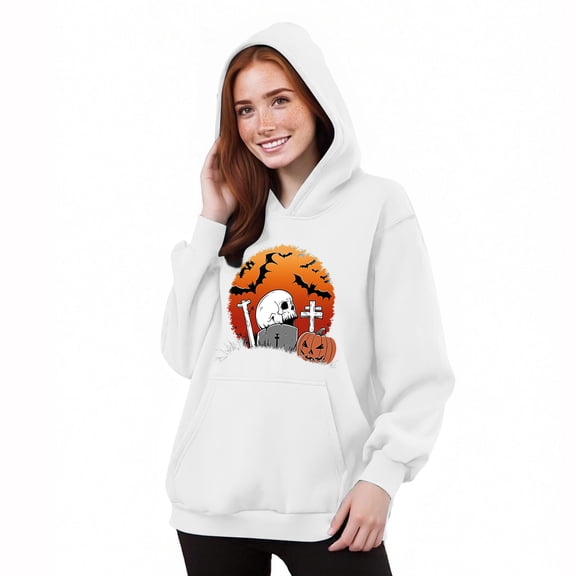 ZHYou Halloween Sweatshirts For Women Stylish Pumpkin Skull Printed Long Sleeve Drawstring Hoodie Sweatshirt Fall Winter