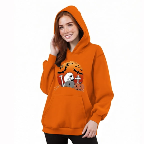 ZHYou Halloween Sweatshirts For Women Stylish Pumpkin Skull Printed Long Sleeve Drawstring Hoodie Sweatshirt Fall Winter