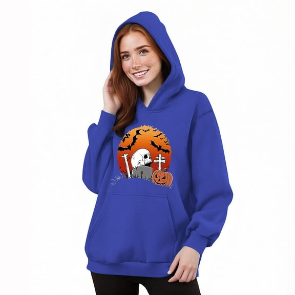 ZHYou Halloween Sweatshirts For Women Stylish Pumpkin Skull Printed Long Sleeve Drawstring Hoodie Sweatshirt Fall Winter