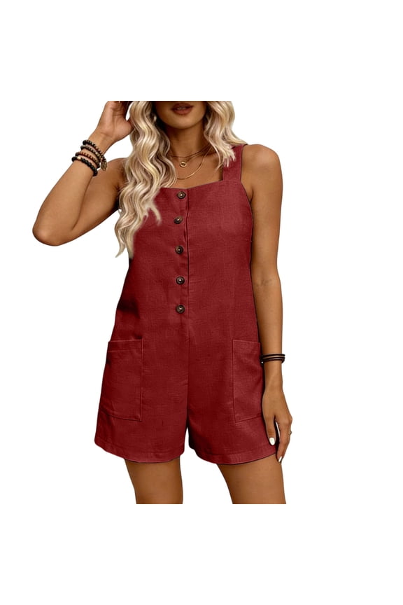 Jumpsuits for Women Button Down Cotton Square Neck Comfy Summer Short Rompers for Women,Red,Size 2XL