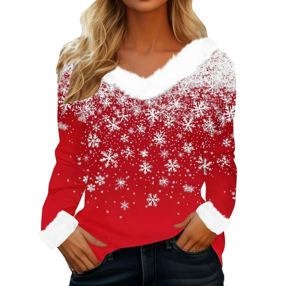 ZHYou Loose Fit Long Sleeve Christmas Festival Printed V-Neck Casual Soft Fall Winter Tops,Multicolor,XL