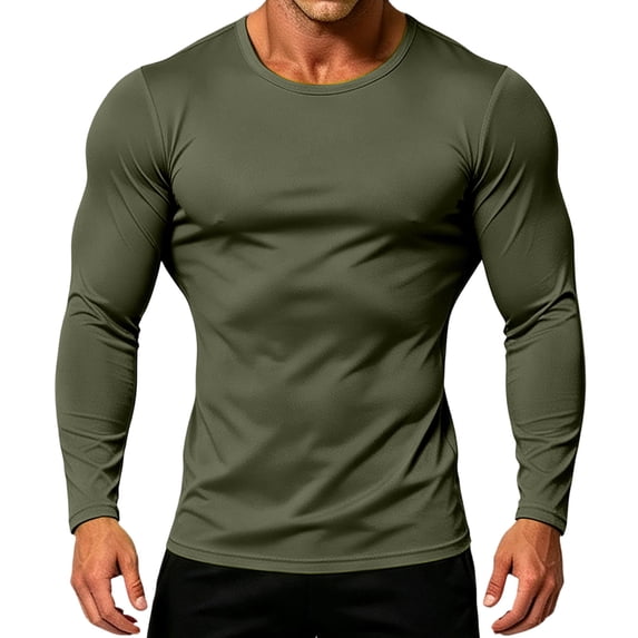 Mens Long Sleeve Shirts for Sports Gym Slim Fit Crew Neck Stretchy Quick Dry Base Layer Casual Workout T-Shirts