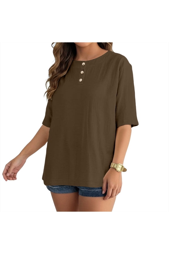 Mid Sleeve Tops for Women,Henley Crew Neck Oversized T Shirts,Button Pullover Cute Blouses,Coffee,L