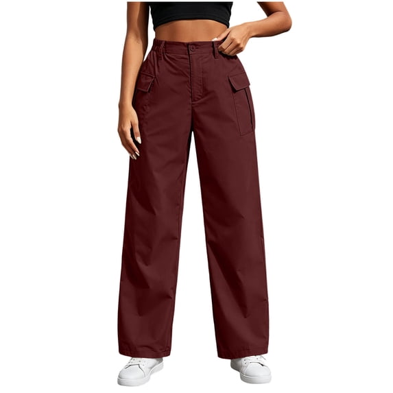 ZHYou No Boundarie Cargo Pants for Women High Waist Button Wide Leg Loose Fit Straight Casual Work Trousers with Multiple Pockets,Wine,Size 2XL