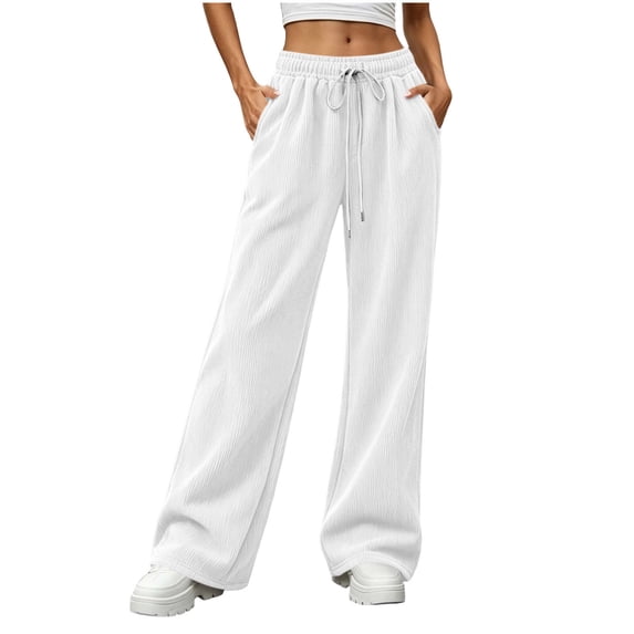 ZHYou No Boundarie Corduroy Sweatpants for Women Wide Leg Texture Drawstring Baggy High Waisted Pants with Pockets,White,Size L