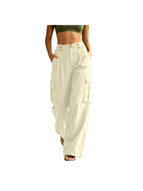Cotton Linen Cargo Pants for Women Casual Wide Leg Button Drawstring Waisted Loose Fit Pants with Patch Pockets,Beige,Size 2XL