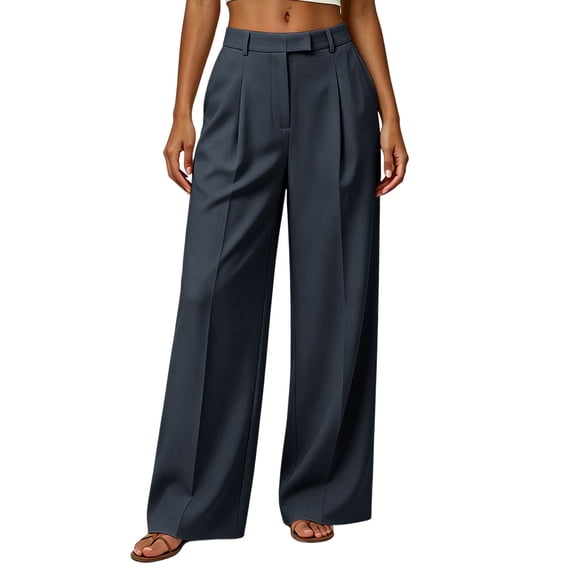 ZHYou No Boundarie Dress Pants for Women Oversized High Waisted Pull On Pleated Flowy Baggy Classic Office Work Pants,Navy,Size S