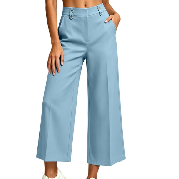 ZHYou No Boundarie Flare Pants for Women Wide Leg Button Closure Baggy Fit Pull On Comfy Dress Pants with Pockets,Blue,Size S