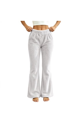 No Boundarie Fuzzy Sherpa Flare Pants for Women Pull On Elastic High Waist Warm Soft Loungewear Bootcut Bell Bottom Trousers,Beige,Size S