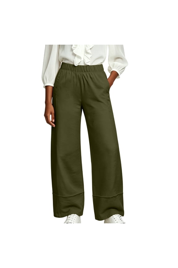 No Boundarie Pants for Women Elastic High Waist Wide Leg Cuffed Hem Loose Casual Pull On Trousers with Side Pockets,Army Green,Size XL