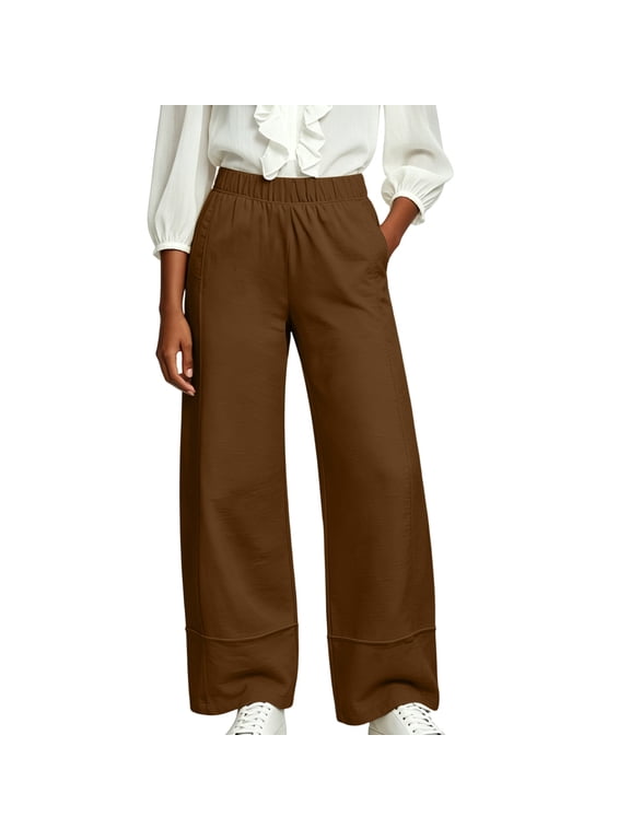 No Boundarie Pants for Women Elastic High Waist Wide Leg Cuffed Hem Loose Casual Pull On Trousers with Side Pockets,Brown,Size L