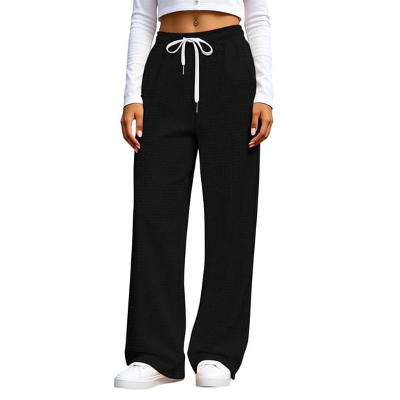 ZHYou No Boundarie Pants for Women Waffle Knit Drawstring High Waist Wide Leg Baggy Fit Casual Trousers with Pockets,Black,Size M
