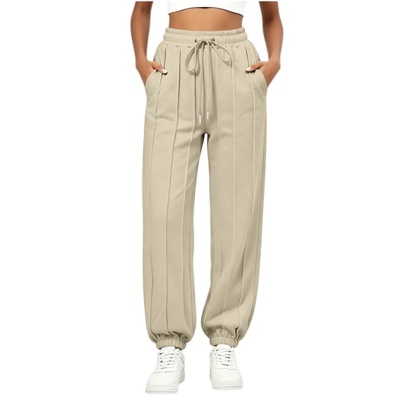ZHYou No Boundarie Sweatpants for Women Fleece Multi Vertical Seam Drawstring High Waist Loose Cuffed Leg Joggers with Side Pockets,Beige,Size 2XL