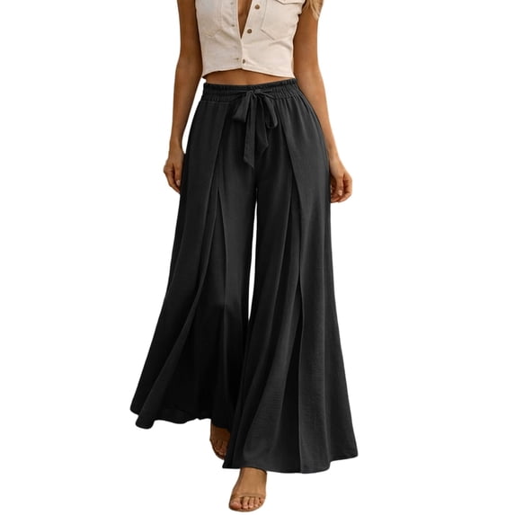 ZHYou No Boundarie Wide Leg Pants for Women High Waist Tie Front Split Flowy Lightweight Palazzo Casual Baggy Fit Trousers,Black,Size L