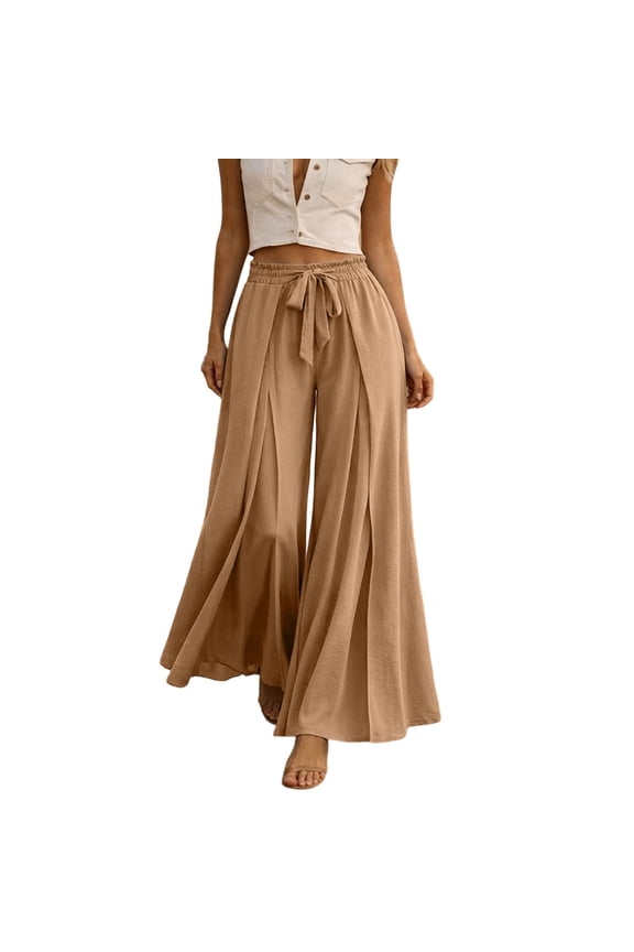 No Boundarie Wide Leg Pants for Women High Waist Tie Front Split Flowy Lightweight Palazzo Casual Baggy Fit Trousers,Khaki,Size S
