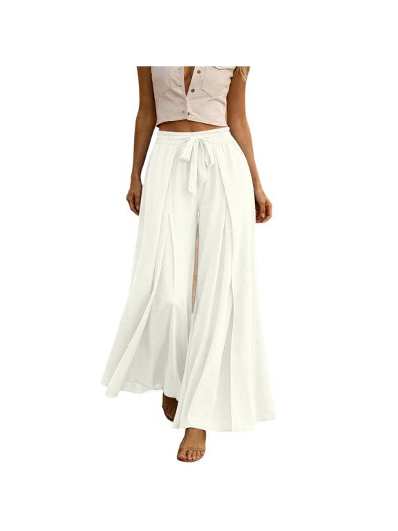 No Boundarie Wide Leg Pants for Women High Waist Tie Front Split Flowy Lightweight Palazzo Casual Baggy Fit Trousers,White,Size 2XL