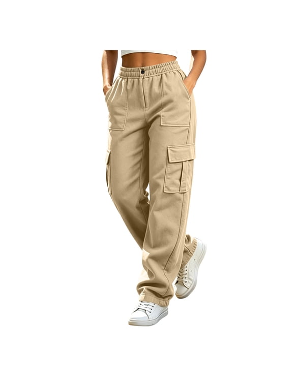 Women's Cargo Pants Elastic Waist Wide Leg Loose Straight Casual Baggy Fit Utility Trousers with Multi Pockets,Khaki,Size M