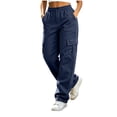 thumbnail image 1 of ZHYou No Boundarie Women's Cargo Pants Elastic Waist Wide Leg Loose Straight Casual Baggy Fit Utility Trousers with Multi Pockets,Navy,Size 2XL, 1 of 9
