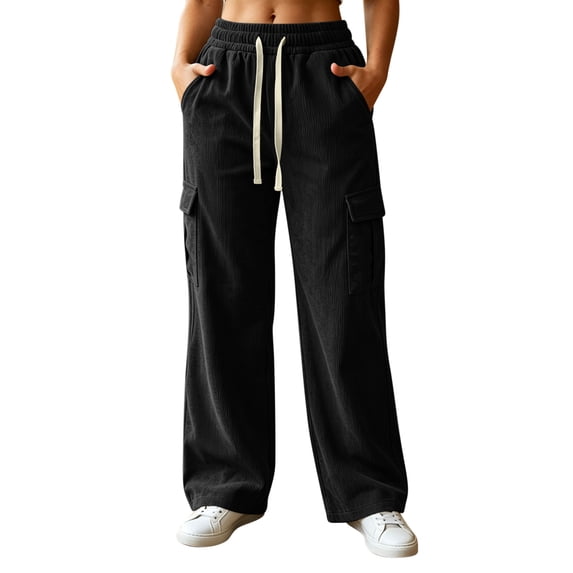 ZHYou No Boundarie Women's Corduroy Drawstring Wide Leg Pants Textured Loose Fit Casual Cargo Trousers with Multi Pockets,Black,Size 2XL