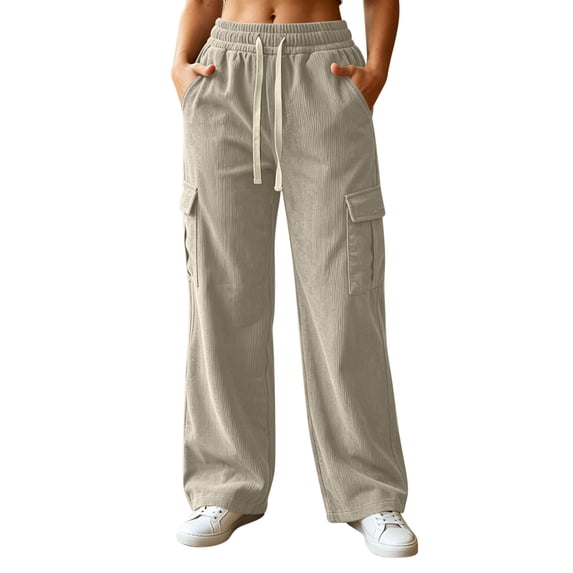 ZHYou No Boundarie Women's Corduroy Drawstring Wide Leg Pants Textured Loose Fit Casual Cargo Trousers with Multi Pockets,Khaki,Size M