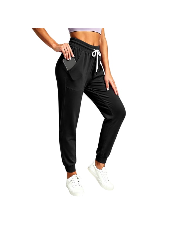 No Boundarie Women's Drawstring Jogger Sweatpants with Large Patch Pockets Stretch Casual Athletic Track Pants,Black,Size 2XL