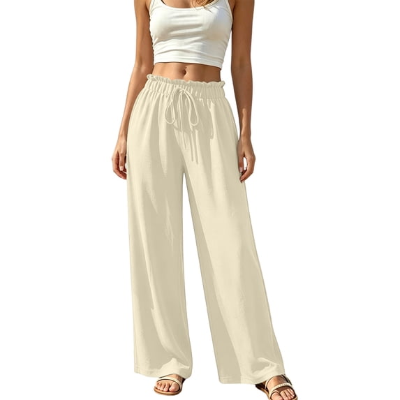 ZHYou No Boundarie Women's Wide Leg Pants Ruffle High Waist Drawstring Lightweight Flowy Loose Casual Full Length Trousers,Beige,Size 2XL