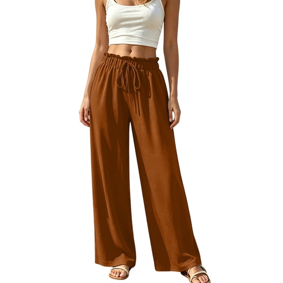 ZHYou No Boundarie Women's Wide Leg Pants Ruffle High Waist Drawstring Lightweight Flowy Loose Casual Full Length Trousers,Brown,Size L