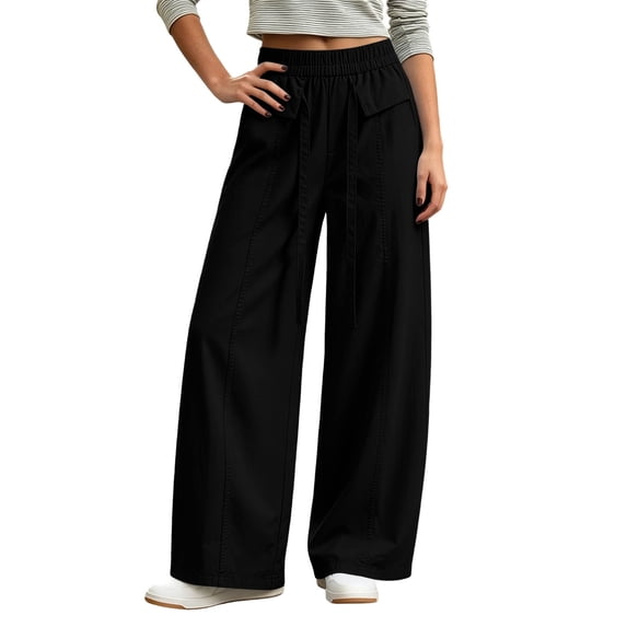 ZHYou No Boundarie Womens Baggy Pants Casual Stretch Waist Drawstring Quick Dry Wide Leg Lounge Trousers,Black,Size M