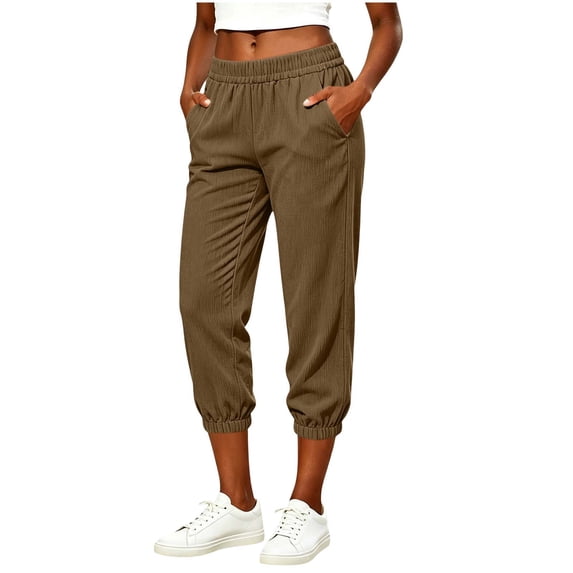 ZHYou No Boundarie Womens Capri Pants Slim Fit Cuffed Leg Corduroy Elastic Waist Cropped Tapered Joggers with Pockets,Brown,Size 2XL