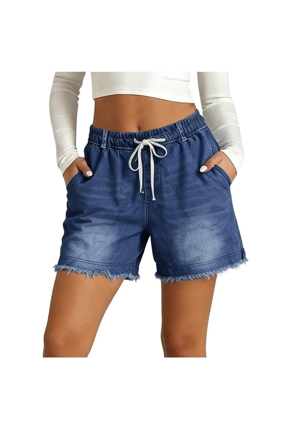 No Boundarie Womens Denim Shorts Wide Leg High Waist Frayed Hem Elastic Waist Drawstring Casual Summer Jean Shorts with Pockets Blue Size XL