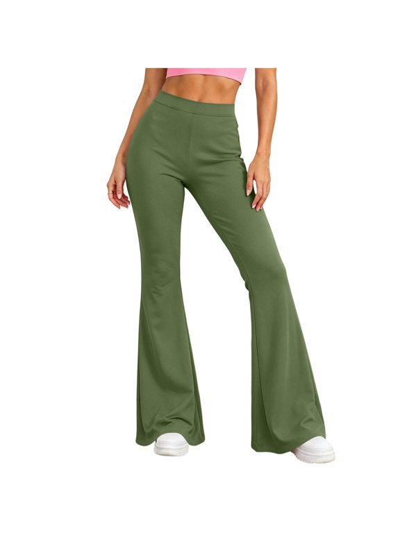 No Boundarie Womens Flare Pants Wide Leg High Waist Stretchy Bell Bottom Casual Pull On Workout Yoga Bootcut Trousers,Army Green,Size L