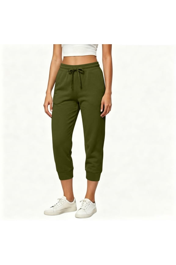 No Boundarie Womens Fleece Capris High Waist Drawstring Elastic Cuffed Leg Cropped Jogger Pants with Pockets,Army Green,Size M